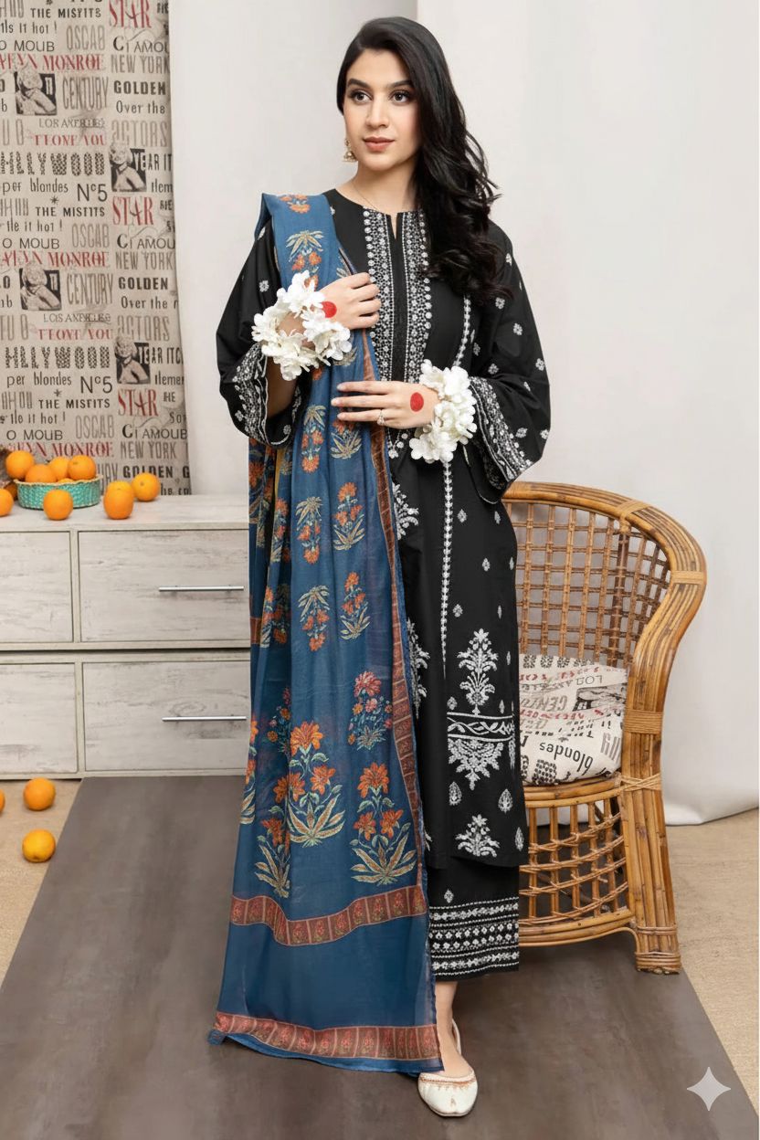 Designer Lawn Summer Collection – 3-Piece Embroidered Suit with Printed Dupatta