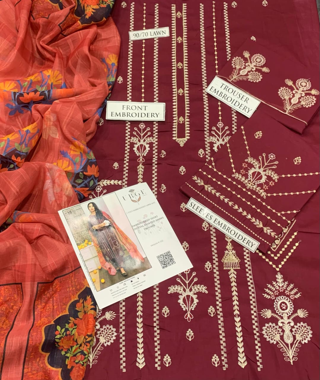 3-Piece Embroidered Lawn Suit with Printed Dupatta