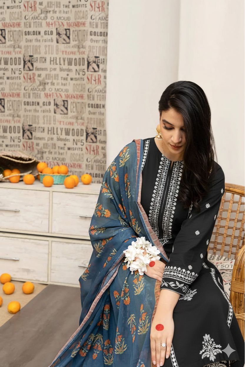 Designer Lawn Summer Collection – 3-Piece Embroidered Suit with Printed Dupatta