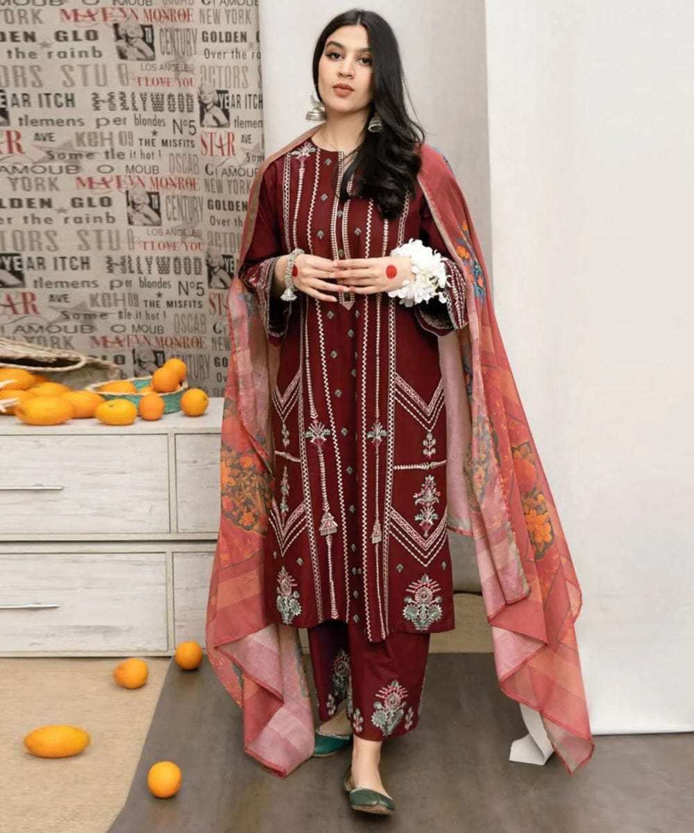 3-Piece Embroidered Lawn Suit with Printed Dupatta
