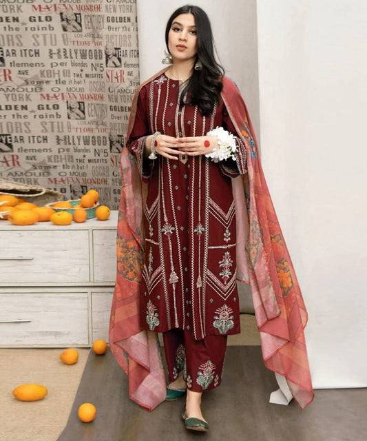 3-Piece Embroidered Lawn Suit with Printed Dupatta
