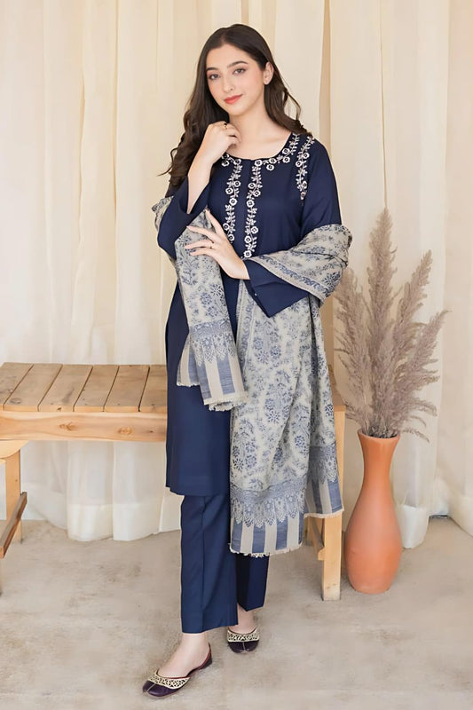 Elegant Navy Blue 3-Piece Embroidered Lawn Suit with Printed Dupatta