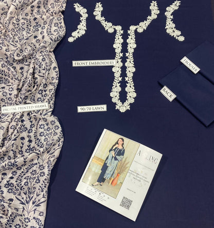 Elegant Navy Blue 3-Piece Embroidered Lawn Suit with Printed Dupatta
