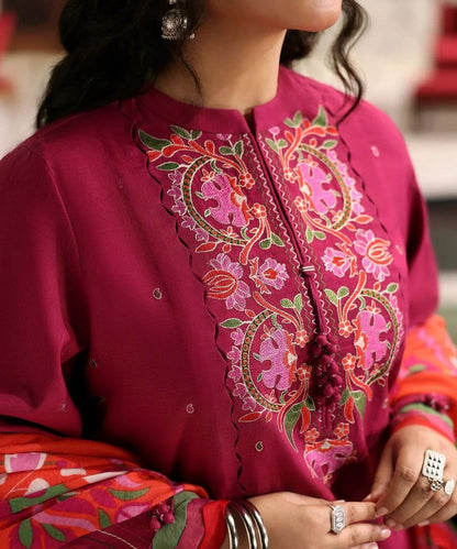 Magenta Pink 3-Piece Embroidered Lawn Suit with Printed Dupatta