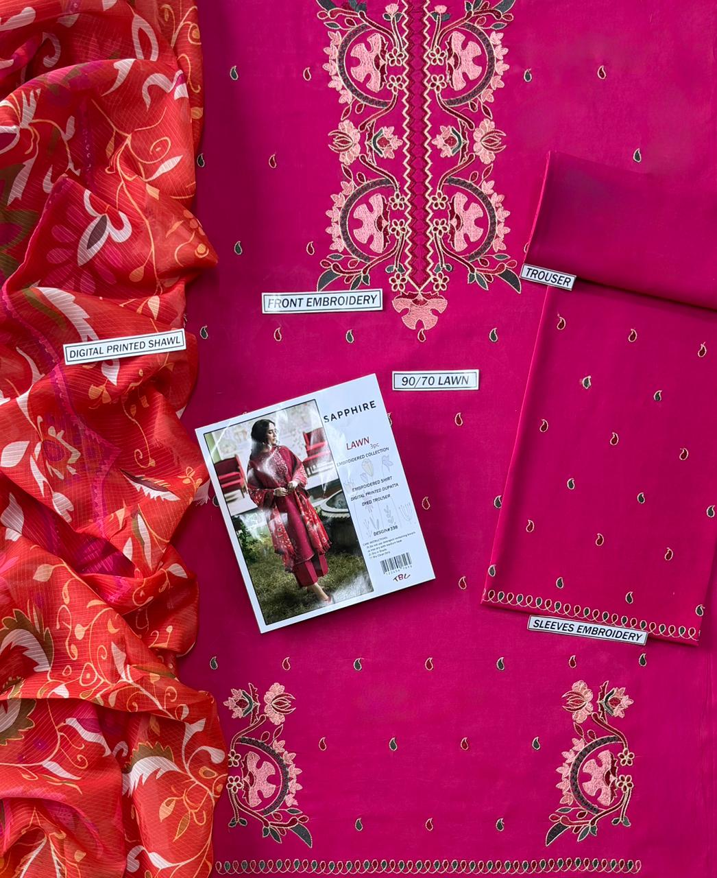Magenta Pink 3-Piece Embroidered Lawn Suit with Printed Dupatta