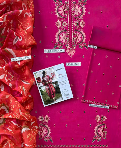 Magenta Pink 3-Piece Embroidered Lawn Suit with Printed Dupatta