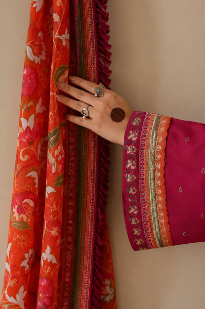 Magenta Pink 3-Piece Embroidered Lawn Suit with Printed Dupatta