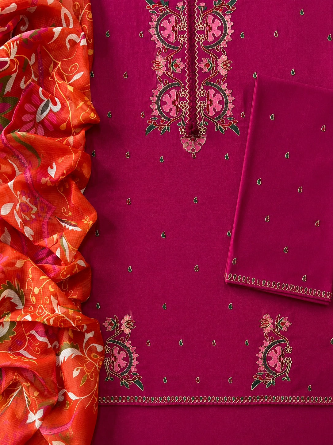 Magenta Pink 3-Piece Embroidered Lawn Suit with Printed Dupatta
