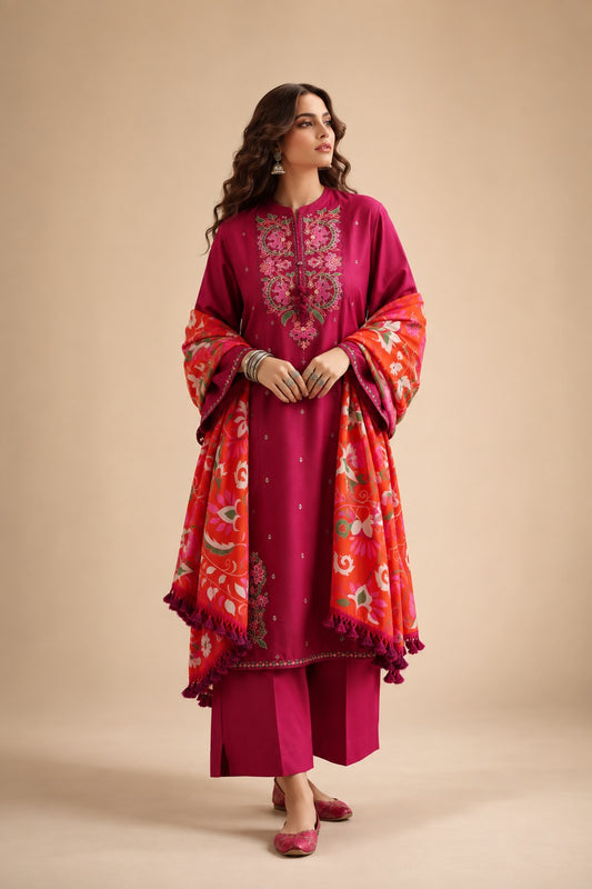 Magenta Pink 3-Piece Embroidered Lawn Suit with Printed Dupatta