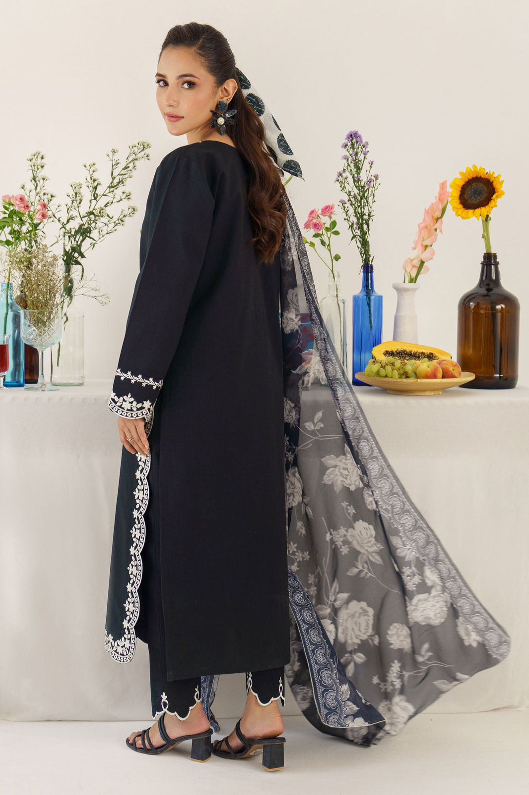 Elegant Black 3-Piece Embroidered Lawn Suit with Printed Dupatta