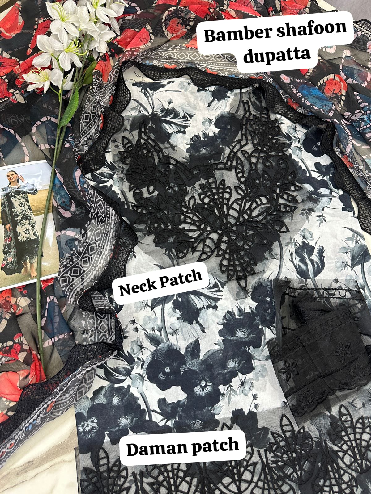NORAH BRAND Black & White Digital Printed 3-Piece Lawn Suit (Code FC 770070-79)