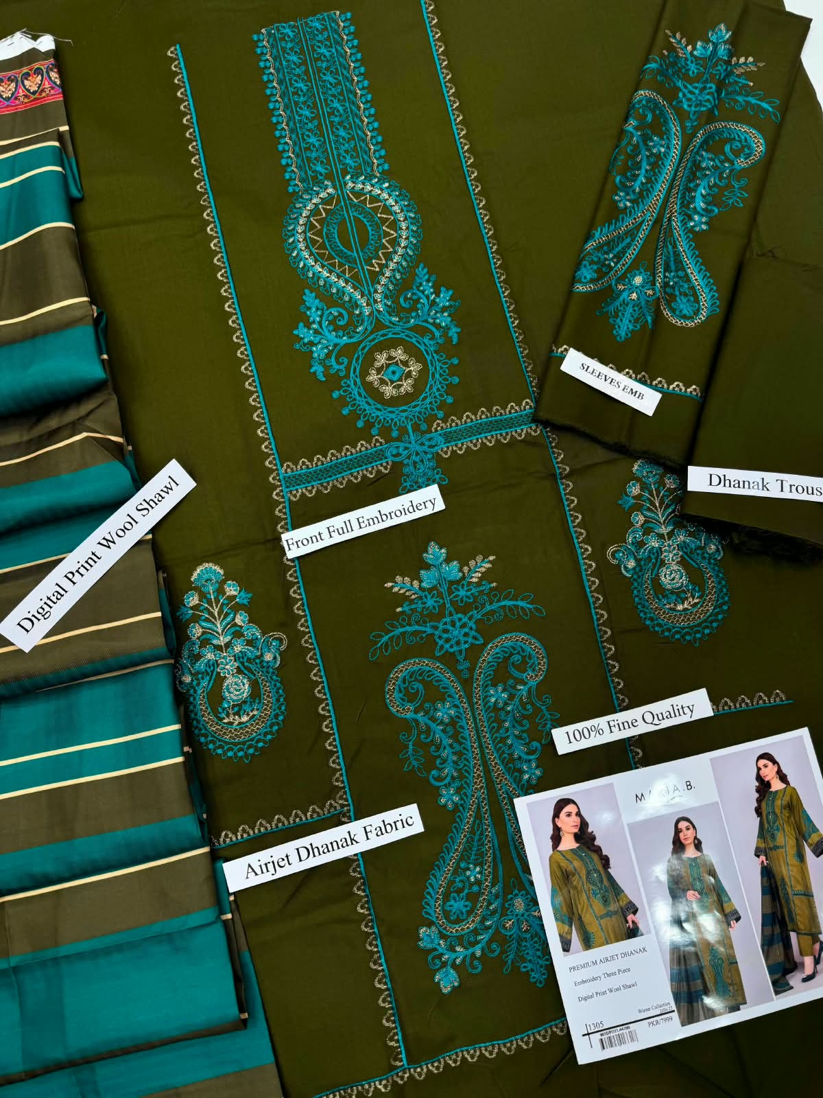 Mohagni - Premium Dhanak 3-Piece Suit with Digital Wool Shawl
