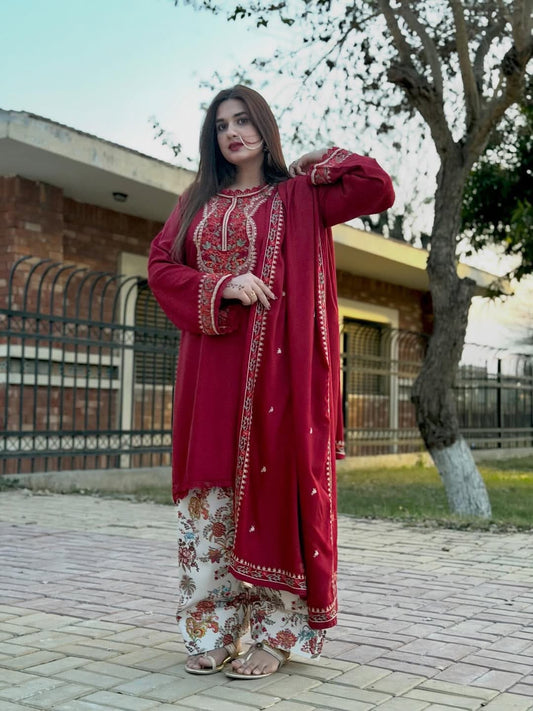 Aneelas - Premium Air-Jet Dhanak 3-Piece Embroidered Suit