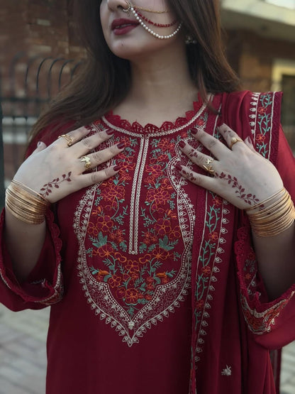 Aneelas - Premium Air-Jet Dhanak 3-Piece Embroidered Suit