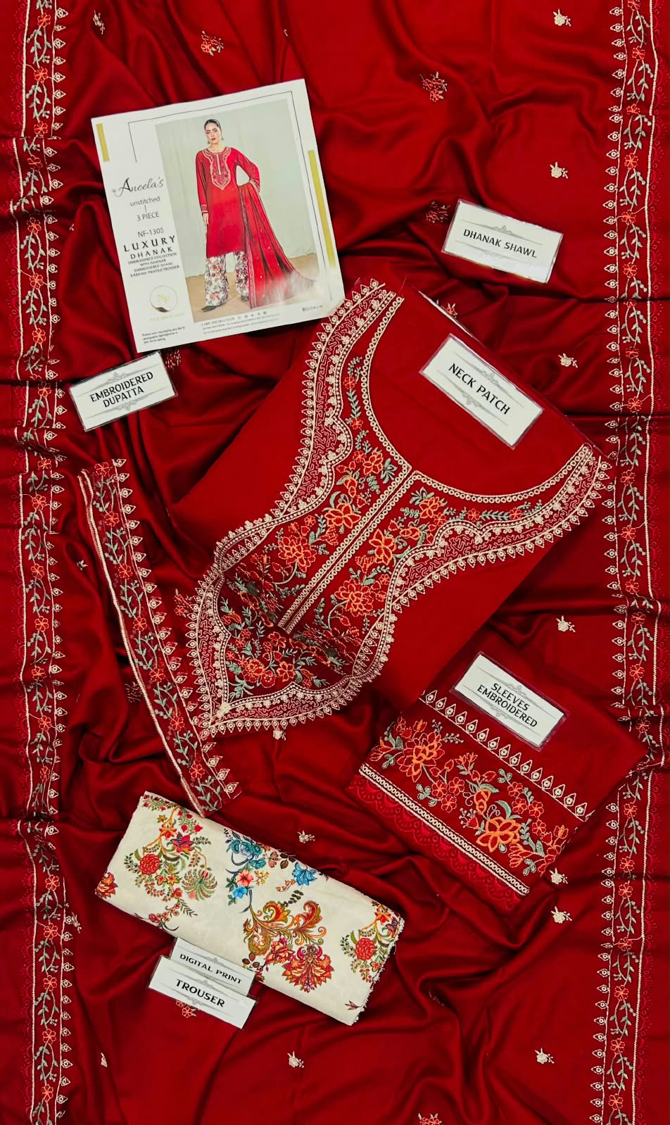 Aneelas - Premium Air-Jet Dhanak 3-Piece Embroidered Suit