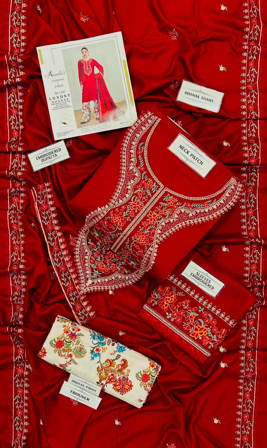 Aneelas - Premium Air-Jet Dhanak 3-Piece Embroidered Suit