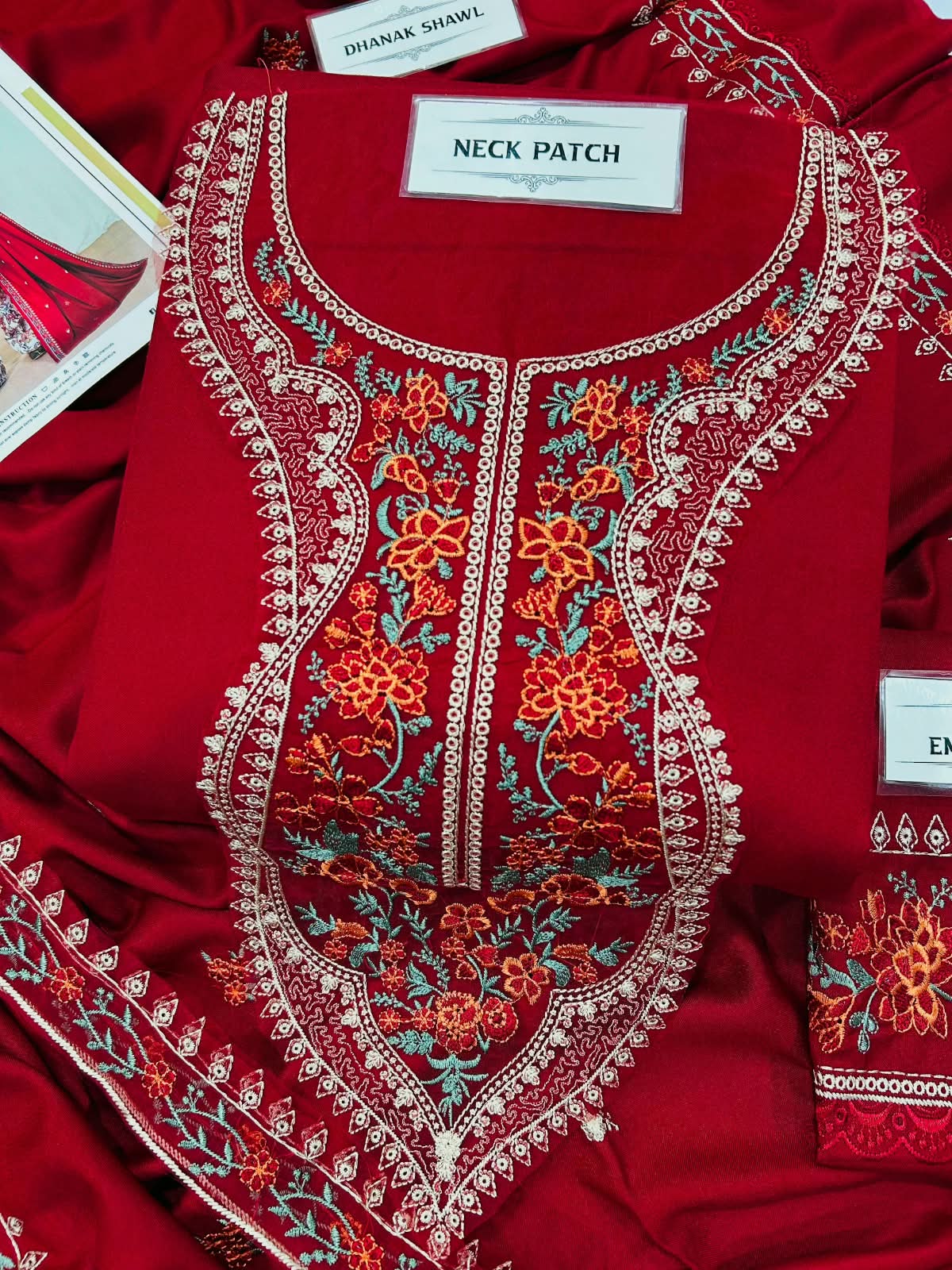 Aneelas - Premium Air-Jet Dhanak 3-Piece Embroidered Suit