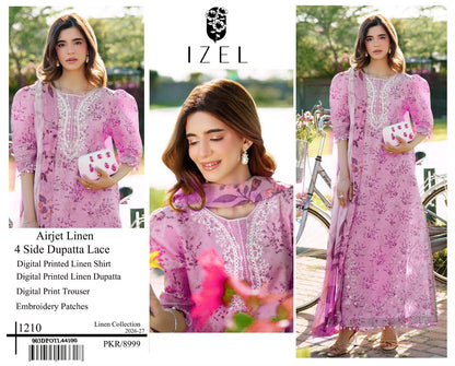 Digital Printed Airjet Linen 3-Piece Suit with 4-Side Lace Linen Dupatta