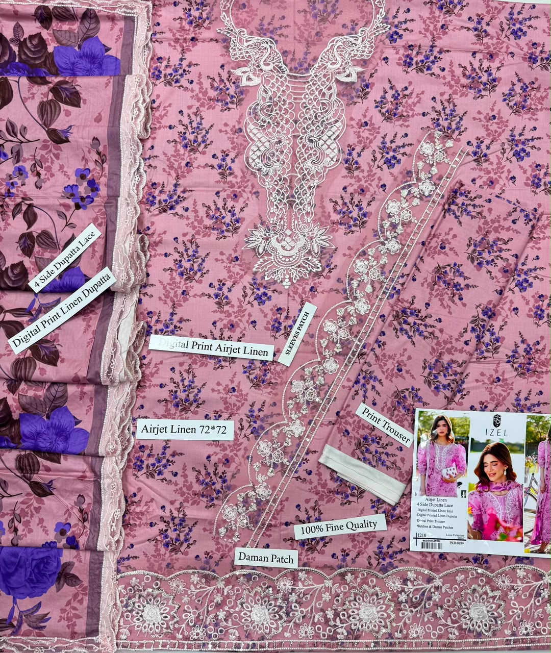 Digital Printed Airjet Linen 3-Piece Suit with 4-Side Lace Linen Dupatta