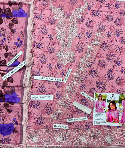 Digital Printed Airjet Linen 3-Piece Suit with 4-Side Lace Linen Dupatta