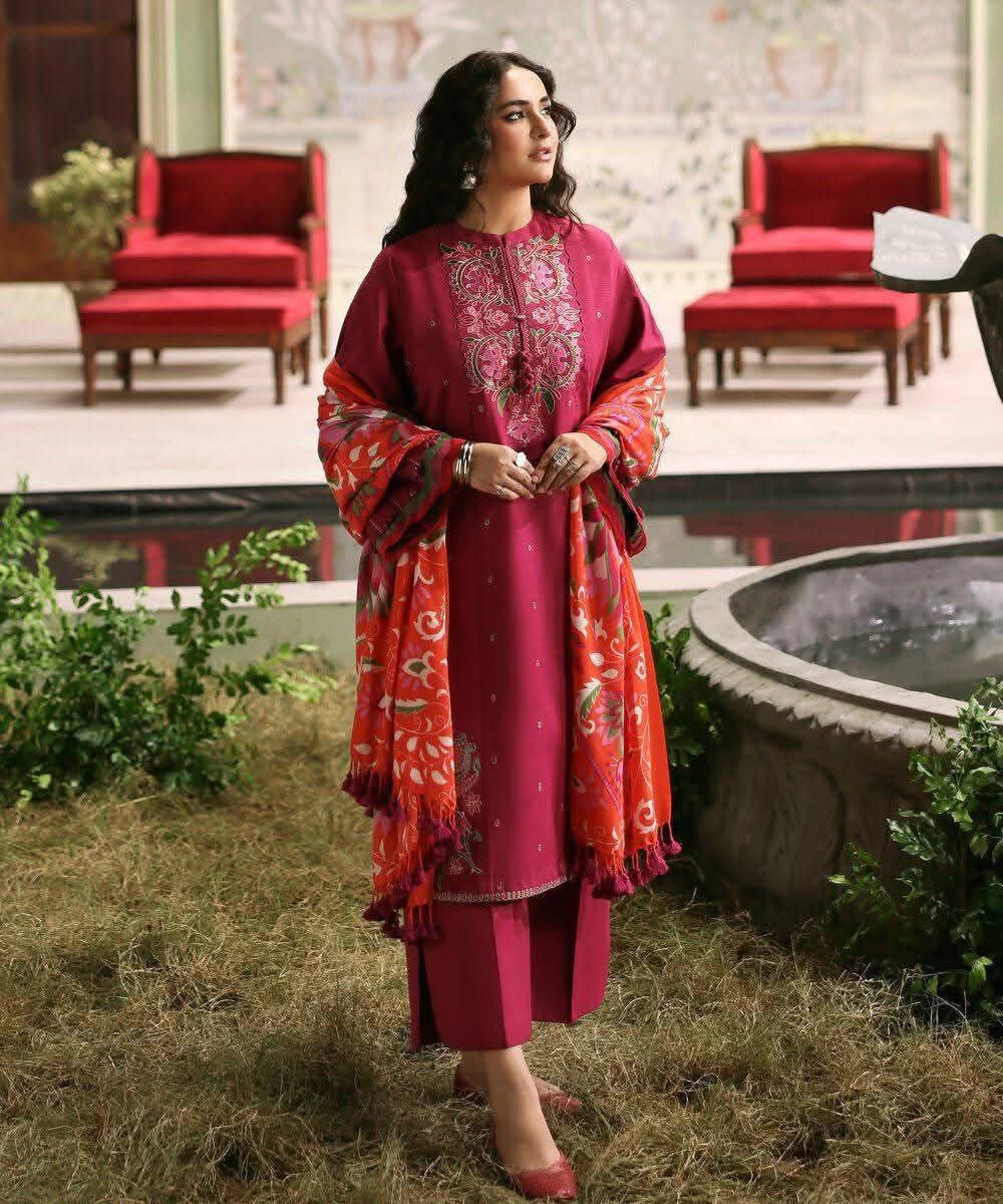 Magenta Pink 3-Piece Embroidered Lawn Suit with Printed Dupatta